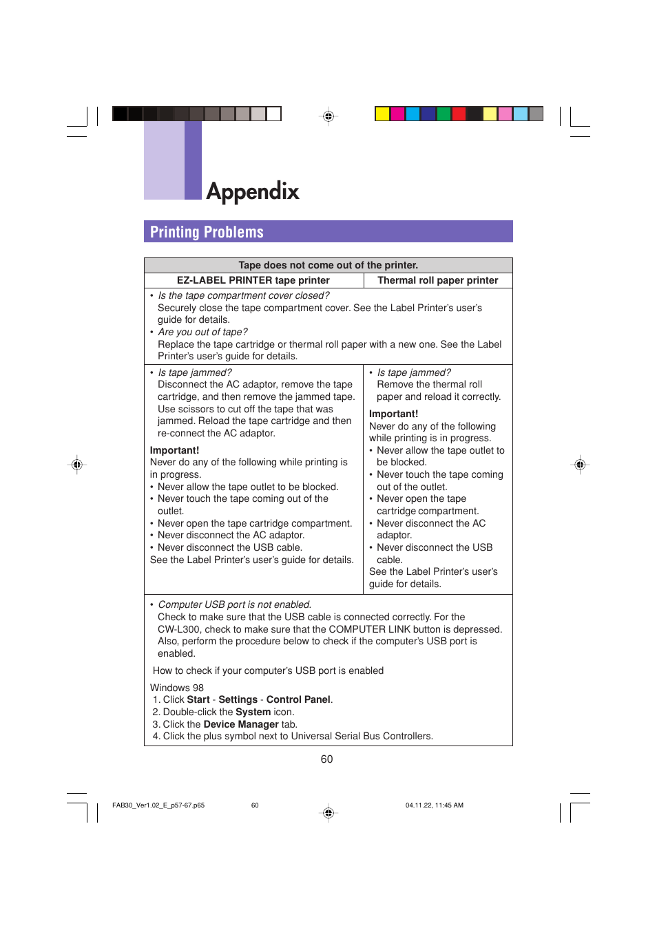 Appendix, Printing problems | Casio CW-L300 User Manual | Page 60 / 68