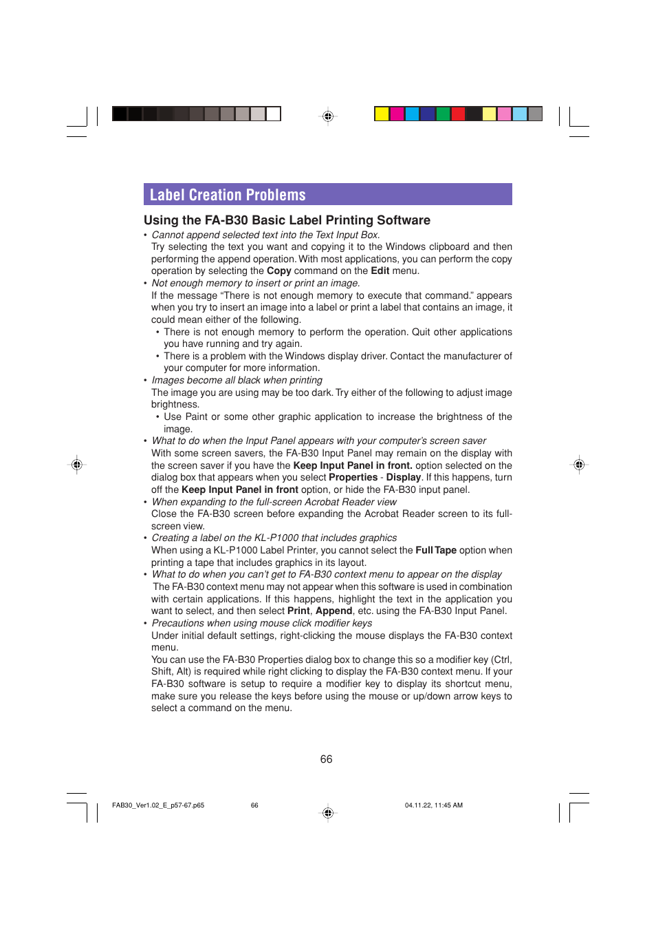 Label creation problems, Using the fa-b30 basic label printing software | Casio CW-L300 User Manual | Page 66 / 68