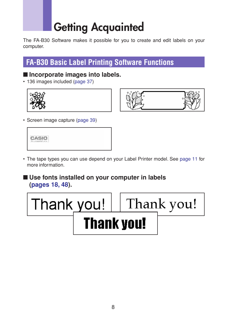 Getting acquainted, Fa-b30 basic label printing software functions | Casio CW-L300 User Manual | Page 8 / 68