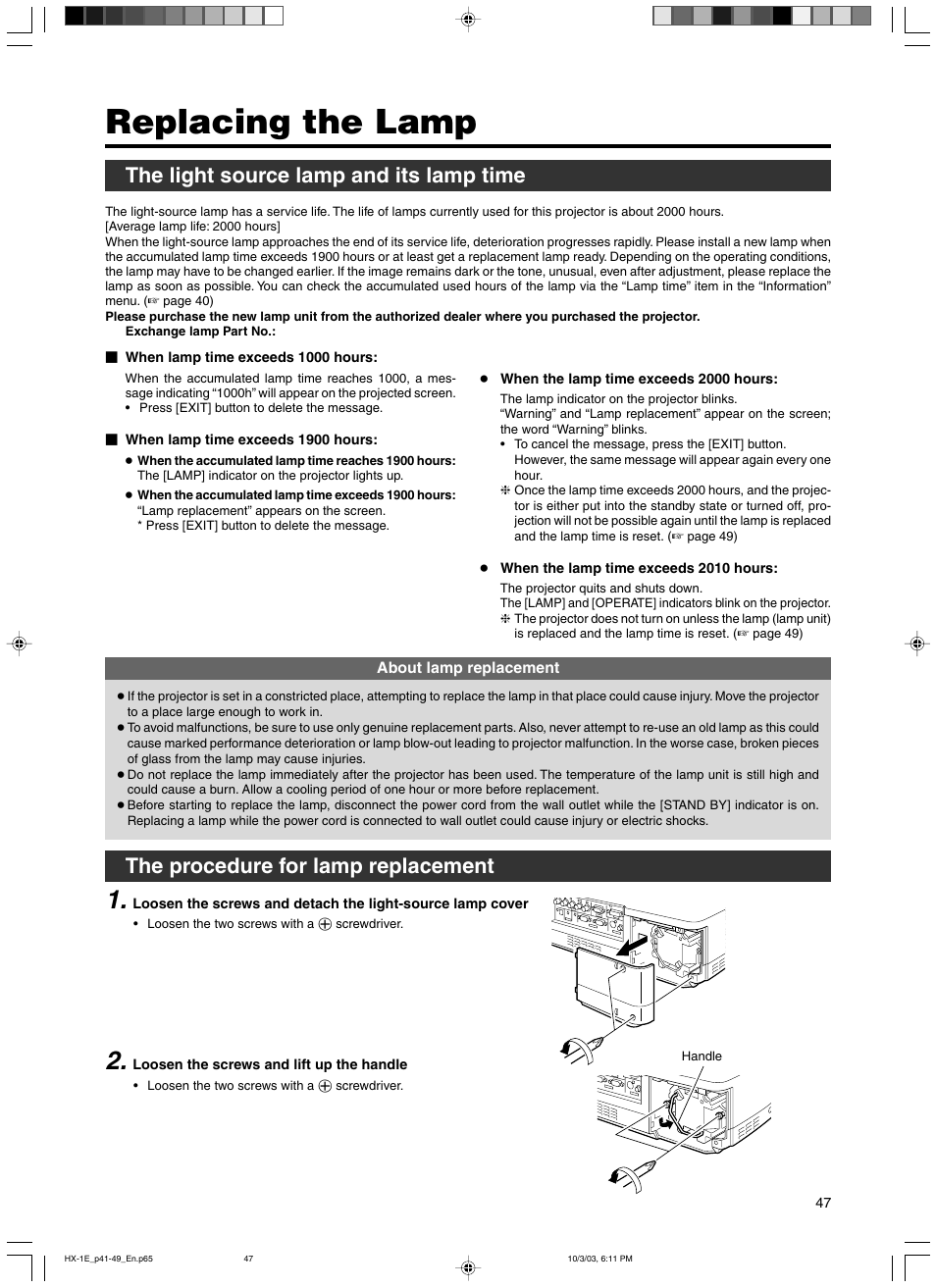 Replacing the lamp, The light source lamp and its lamp time, The procedure for lamp replacement | Dukane 9100HC User Manual | Page 47 / 62