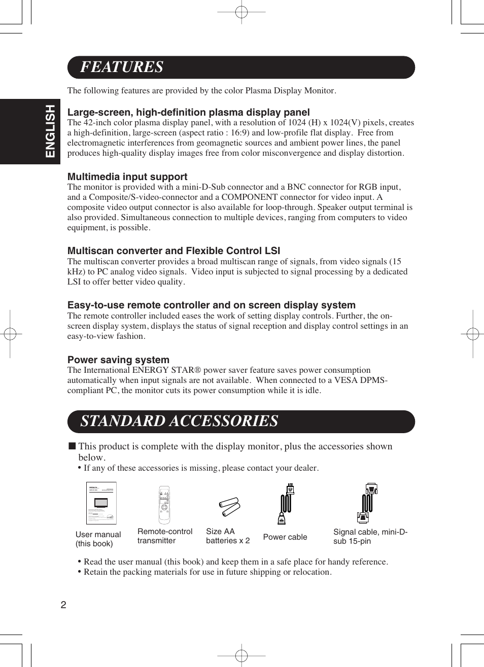 Features, Standard accessories, English | Dukane P42 User Manual | Page 12 / 42