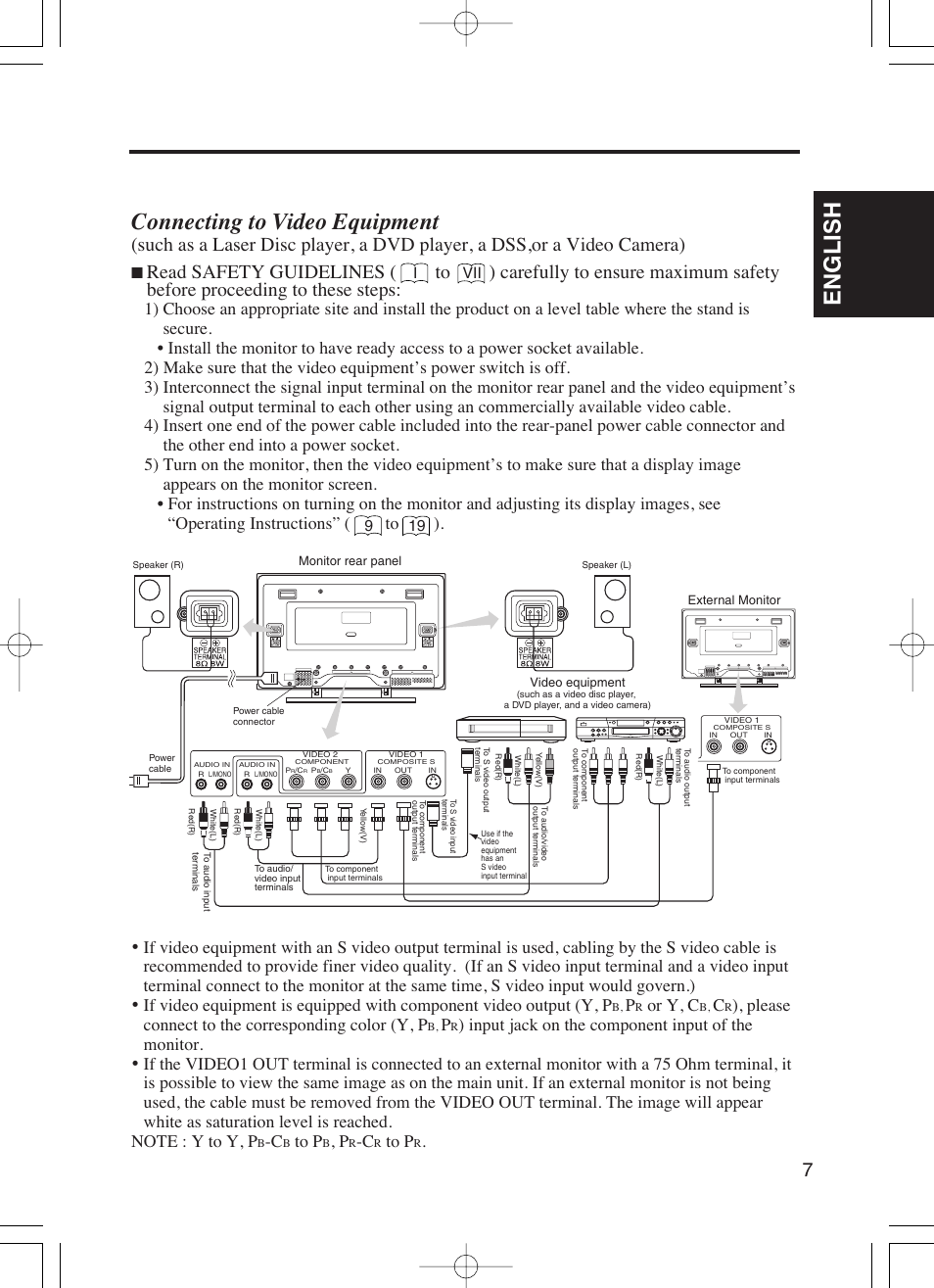 English, Connecting to video equipment, Or y, c | Please connect to the corresponding color (y, p, Ivii 9 19 | Dukane P42 User Manual | Page 17 / 42