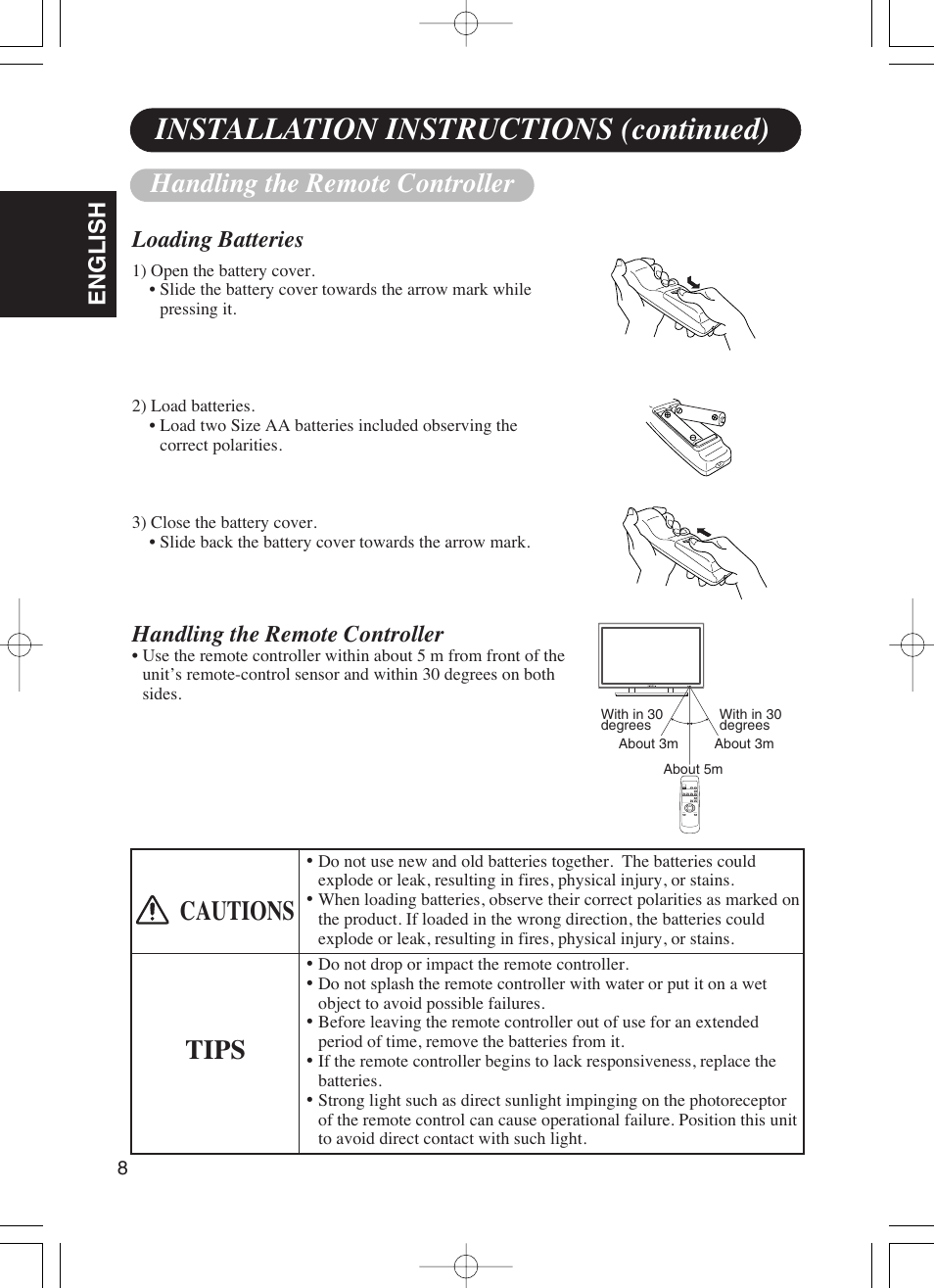 Installation instructions (continued), Tips, Cautions | English, Loading batteries, Handling the remote controller | Dukane P42 User Manual | Page 18 / 42