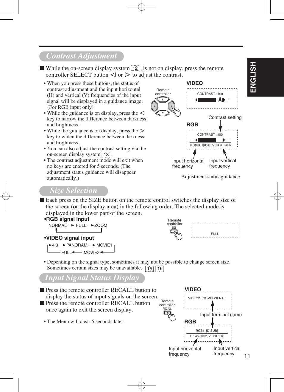 Contrast adjustment, Input signal status display, Size selection | English | Dukane P42 User Manual | Page 21 / 42