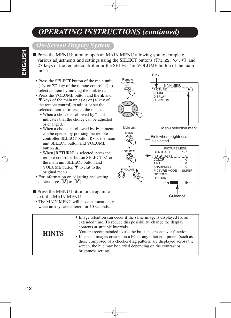 Operating instructions (continued), On-screen display system, Hints | English | Dukane P42 User Manual | Page 22 / 42