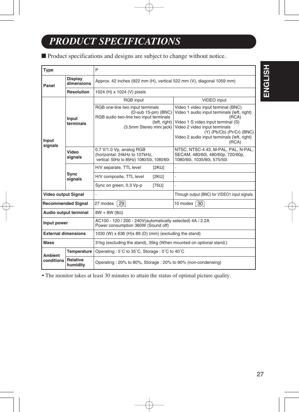 Product specifications, English | Dukane P42 User Manual | Page 37 / 42