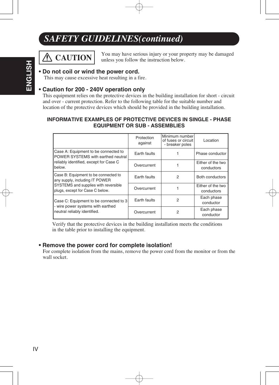 Safety guidelines(continued), Caution, English | Do not coil or wind the power cord, Remove the power cord for complete isolation | Dukane P42 User Manual | Page 6 / 42