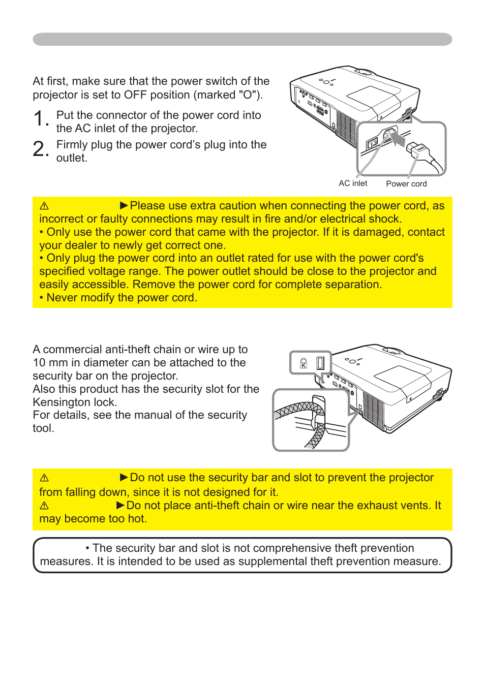 Connecting power supply, Using the security bar and slot | Dukane 8912 User Manual | Page 13 / 88