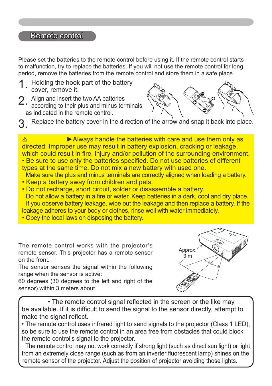 Putting batteries, Remote control, About the remote control signal | Dukane 8912 User Manual | Page 14 / 88