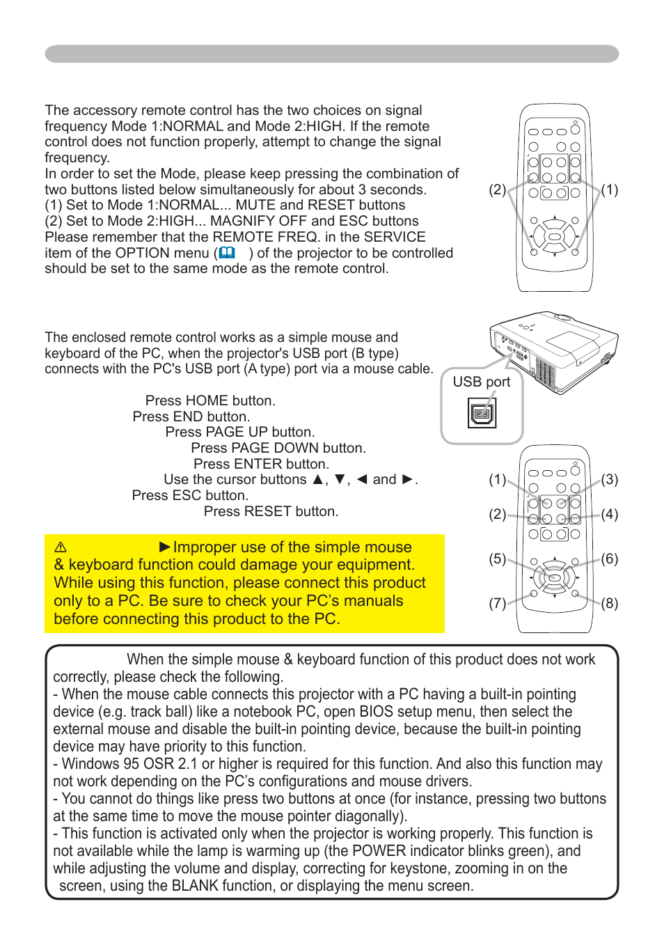 Using as a simple pc mouse & keyboard, Changing the frequency of remote control signal, Remote control | Dukane 8912 User Manual | Page 15 / 88