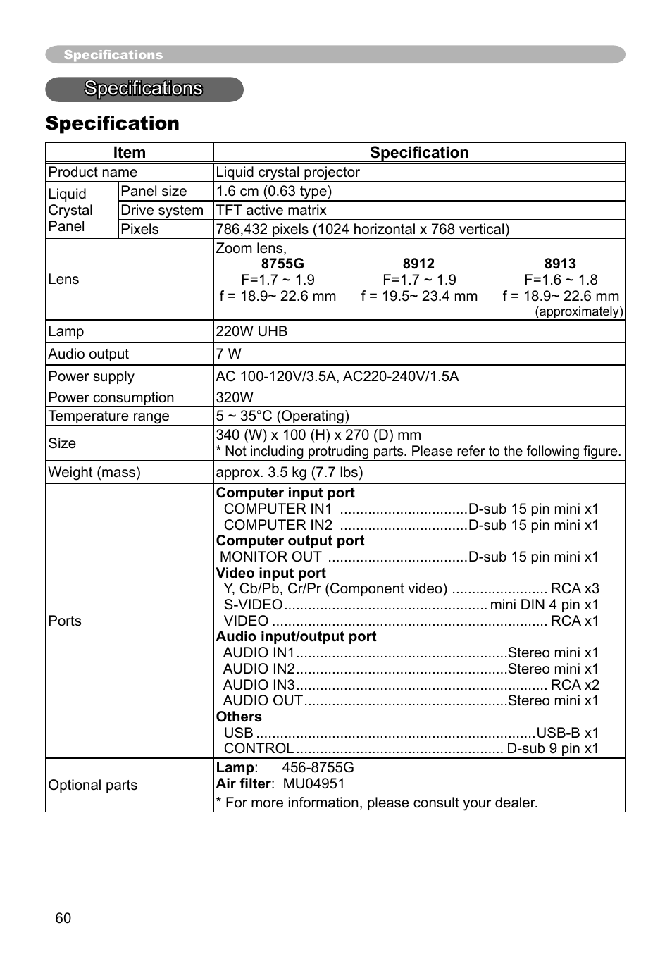 Speciﬁcations speciﬁcation | Dukane 8912 User Manual | Page 61 / 88