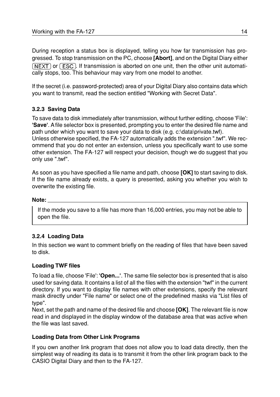 3 saving data, 4 loading data, 3 saving data 14 3.2.4 loading data 14 | Casio FA-127 v1.5 User Manual | Page 14 / 31