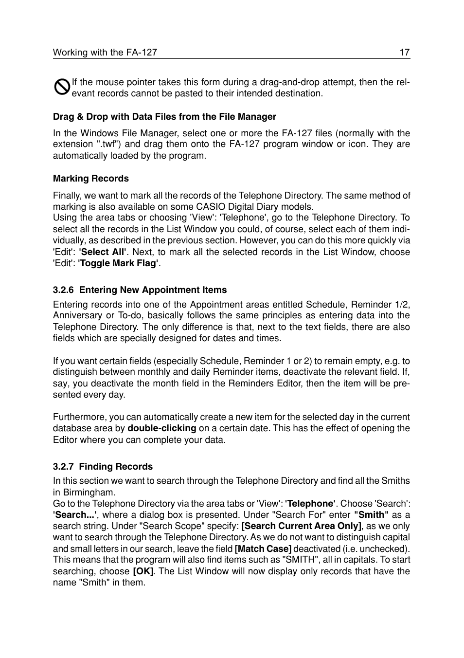 6 entering new appointment items, 7 finding records | Casio FA-127 v1.5 User Manual | Page 17 / 31