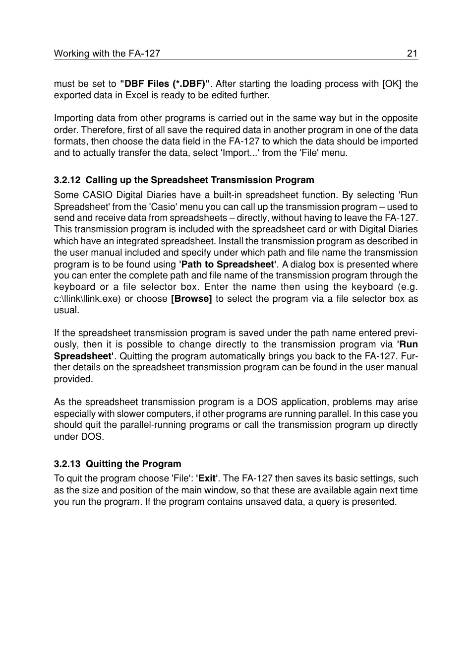 12 calling up the spreadsheet transmission program, 13 quitting the program | Casio FA-127 v1.5 User Manual | Page 21 / 31