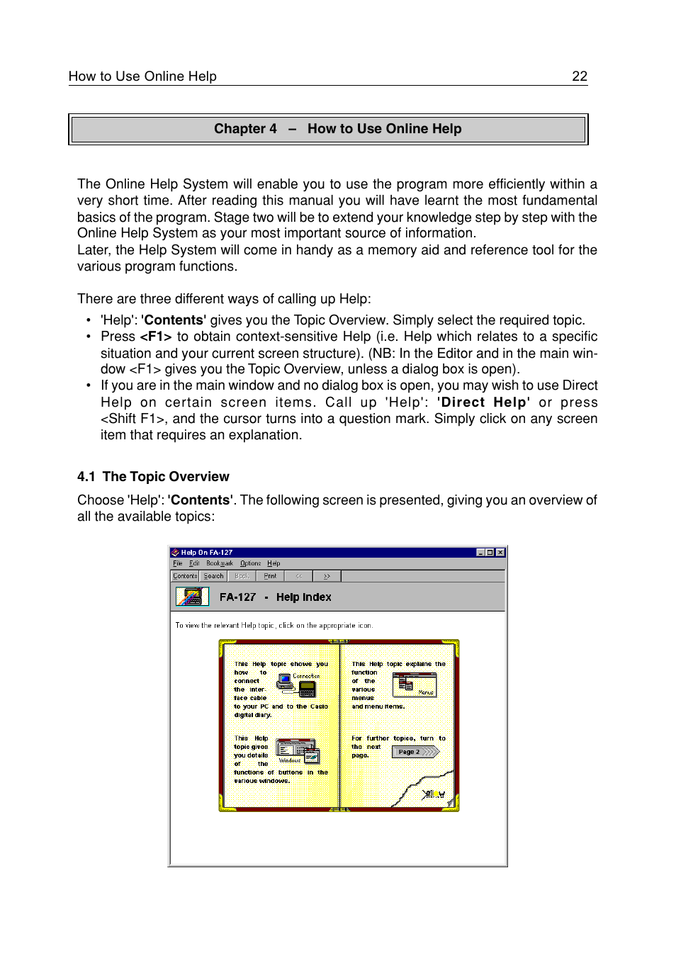 How to use online help, 1 the topic overview, How to use online help 22 | 1 the topic overview 22 | Casio FA-127 v1.5 User Manual | Page 22 / 31