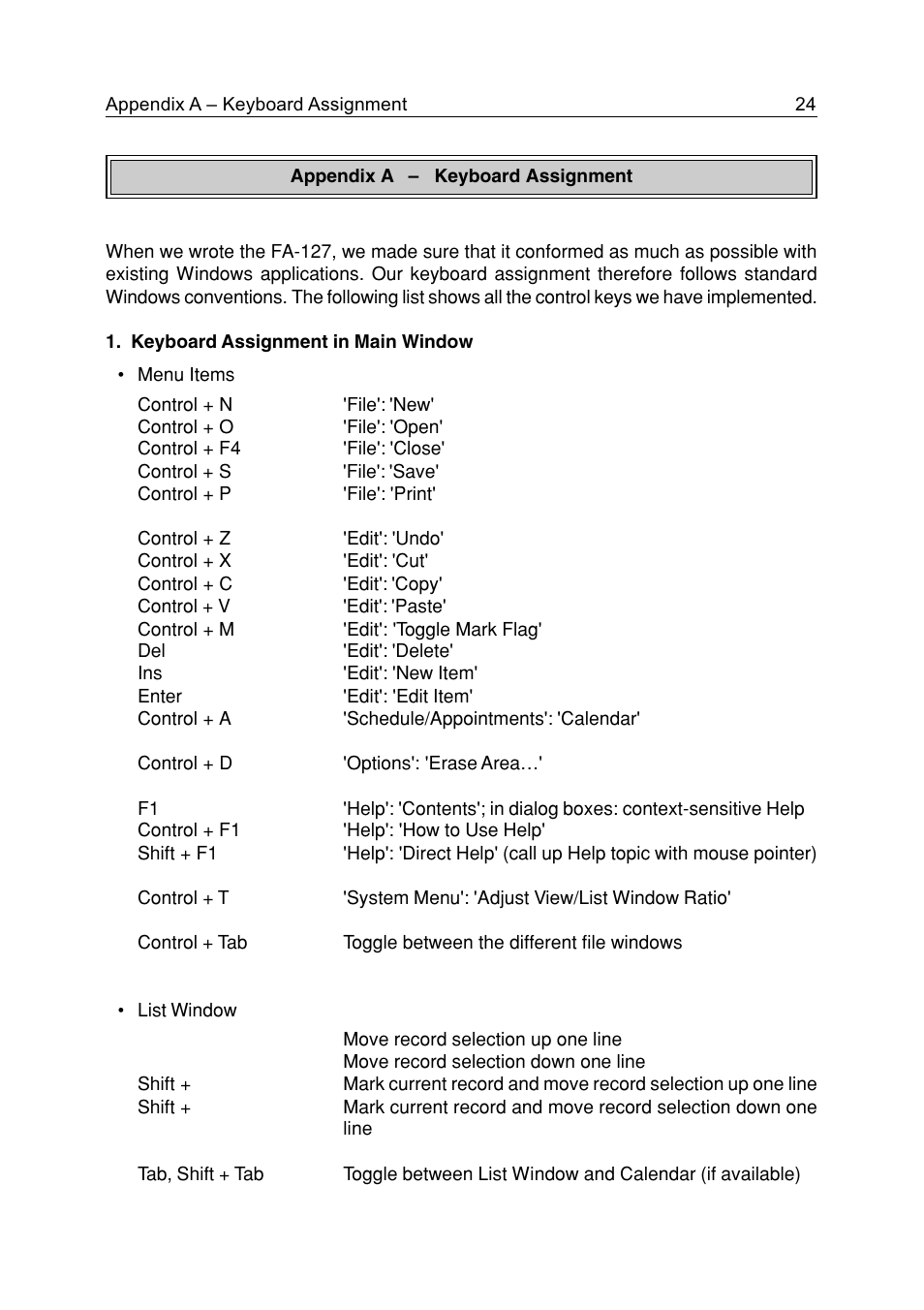 Appendix a – keyboard assignment, Appendix a – keyboard assignment 24 | Casio FA-127 v1.5 User Manual | Page 24 / 31