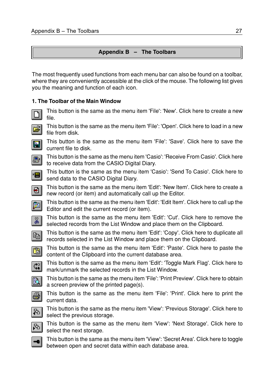 Appendix b – the toolbars, Appendix b – the toolbars 27 | Casio FA-127 v1.5 User Manual | Page 27 / 31