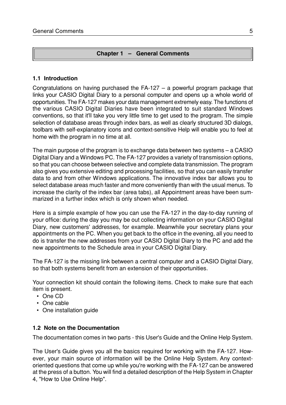 General comments, 1 introduction, 2 note on the documentation | General comments 5, 1 introduction 5 1.2 note on the documentation 5 | Casio FA-127 v1.5 User Manual | Page 5 / 31