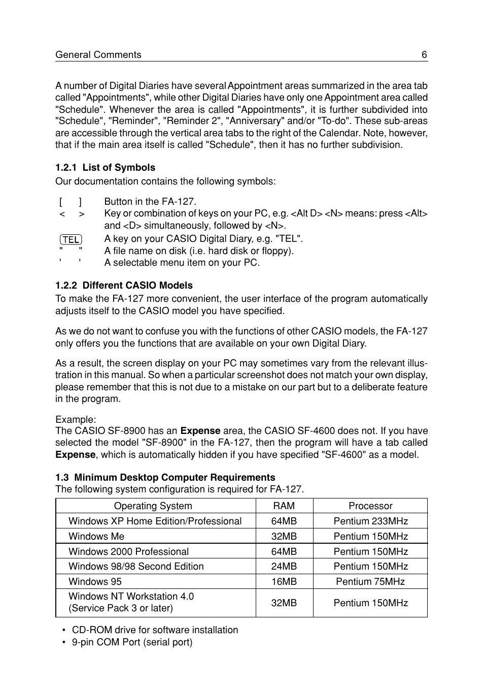 1 list of symbols, 2 different casio models, 3 minimum desktop computer requirements | 1 list of symbols 6 1.2.2 different casio models 6, 3 minimum desktop computer requirements 6 | Casio FA-127 v1.5 User Manual | Page 6 / 31