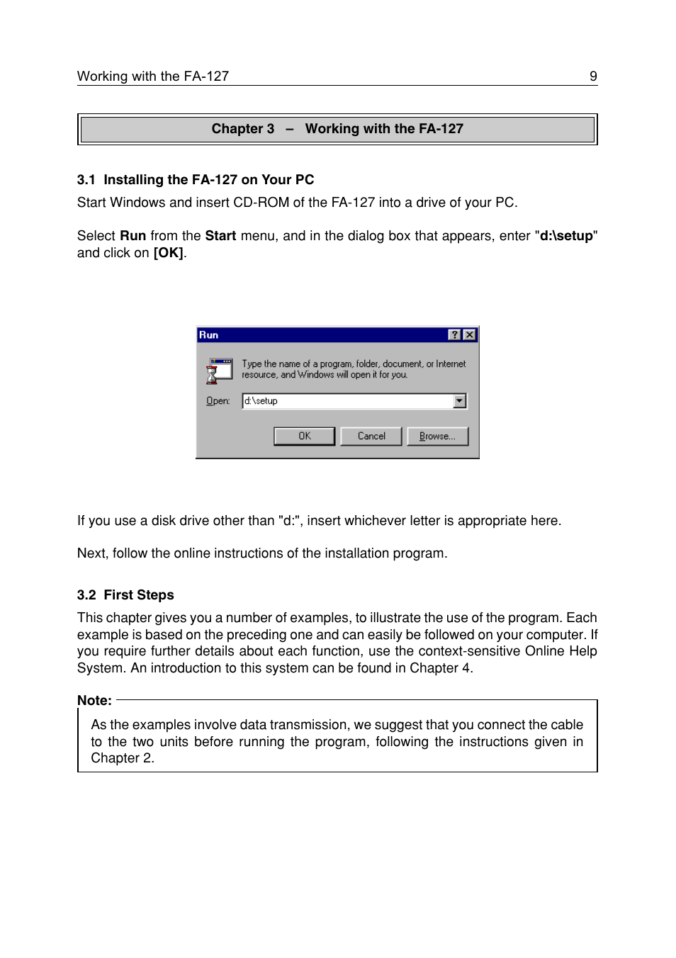 Working with the fa-127, 1 installing the fa-127 on your pc, 2 first steps | Working with the fa-127 9 | Casio FA-127 v1.5 User Manual | Page 9 / 31