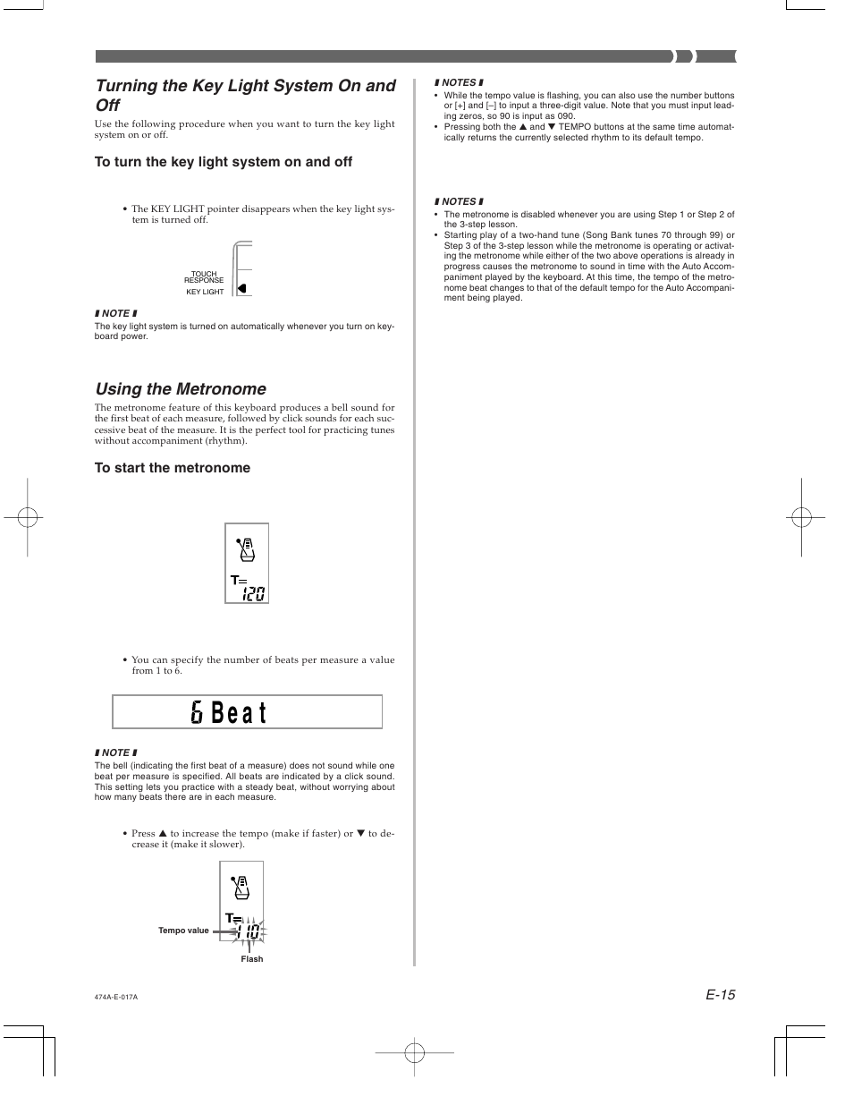 Turning the key light system on and off, Using the metronome | Casio LK-50 Basic Operations User Manual | Page 2 / 2