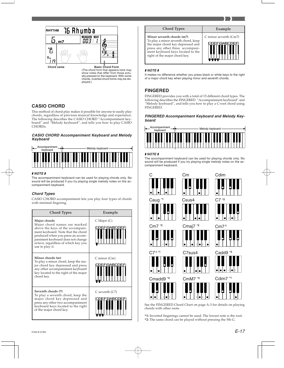 E-17, Fingered, Casio chord | Casio LK-50 Auto Accompaniment User Manual | Page 2 / 4