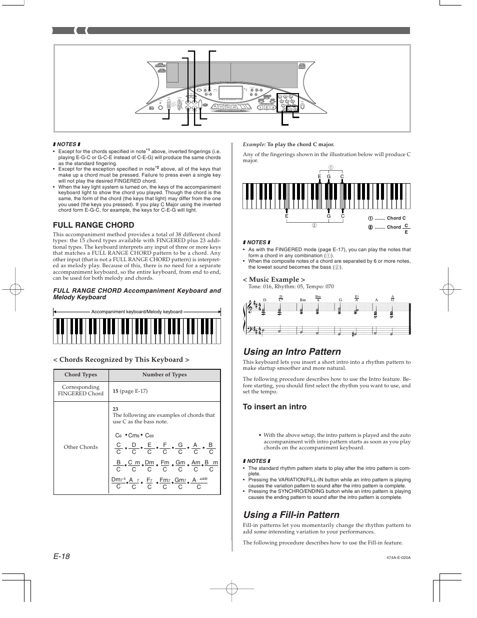 Using an intro pattern, Using a fill-in pattern, E-18 | Full range chord, Music example, Chords recognized by this keyboard, Step 1 step 2 step 3 demo, Rest (tie) | Casio LK-50 Auto Accompaniment User Manual | Page 3 / 4