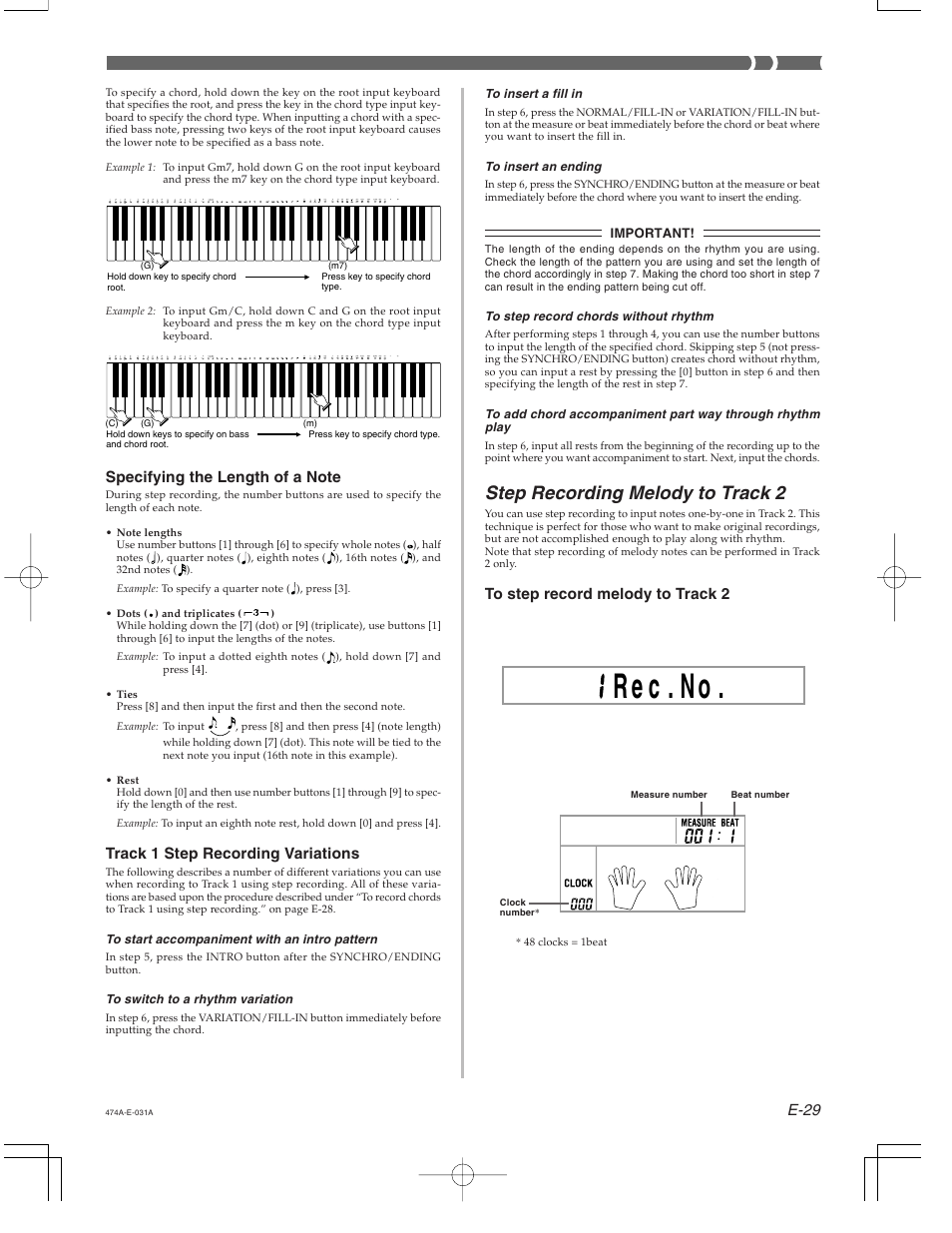 Rn . c e 1 o, Step recording melody to track 2 | Casio LK-50 Memory Function User Manual | Page 5 / 7