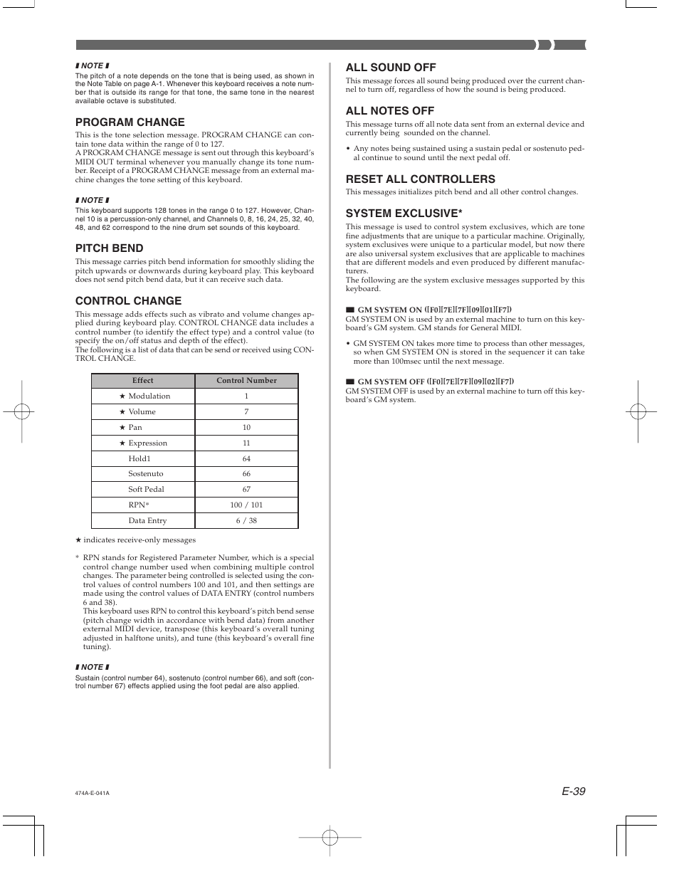 E-39, Program change, Pitch bend | Control change, All sound off, Reset all controllers, System exclusive | Casio LK-50 MIDI User Manual | Page 5 / 5