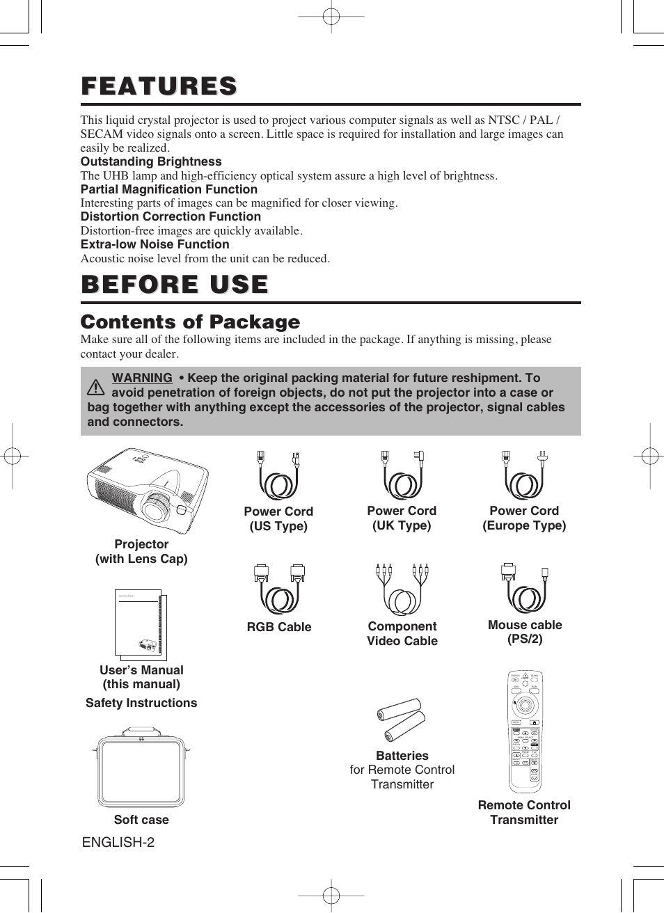 Features, Before use, Contents of package | English-2 | Dukane 8053 User Manual | Page 4 / 40