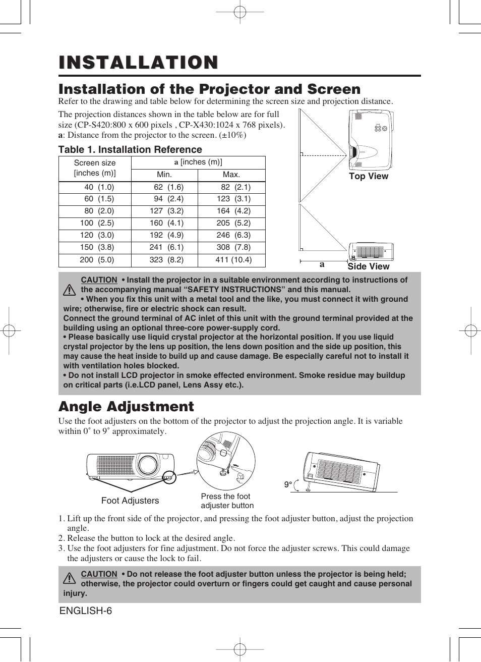 Installation, Installation of the projector and screen, Angle adjustment | Dukane 8053 User Manual | Page 8 / 40