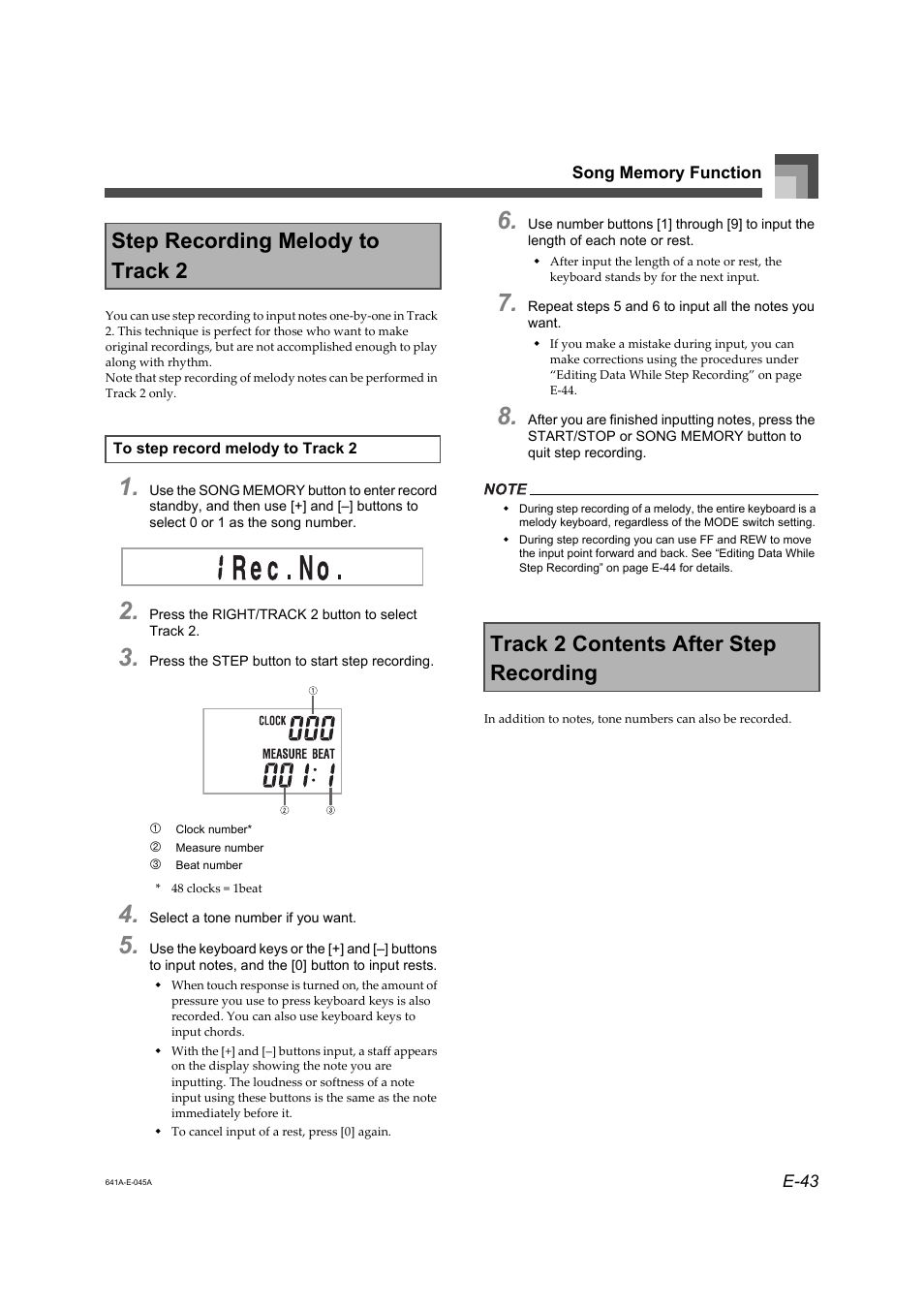 Step recording melody to track 2, Track 2 contents after step recording | Casio LK-73 User Manual | Page 12 / 19