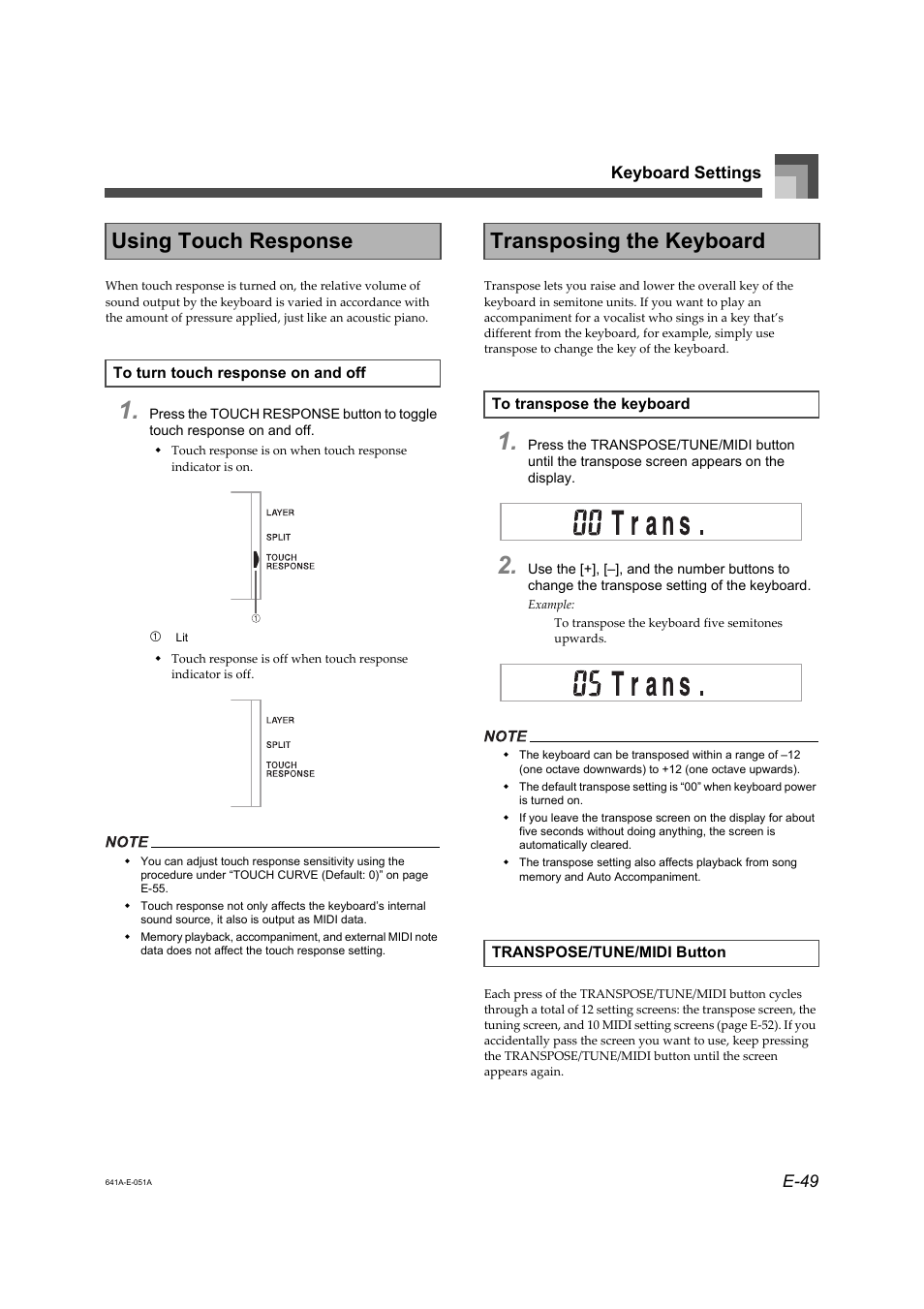 Using touch response, Transposing the keyboard, E-49 keyboard settings | Casio LK-73 User Manual | Page 18 / 19