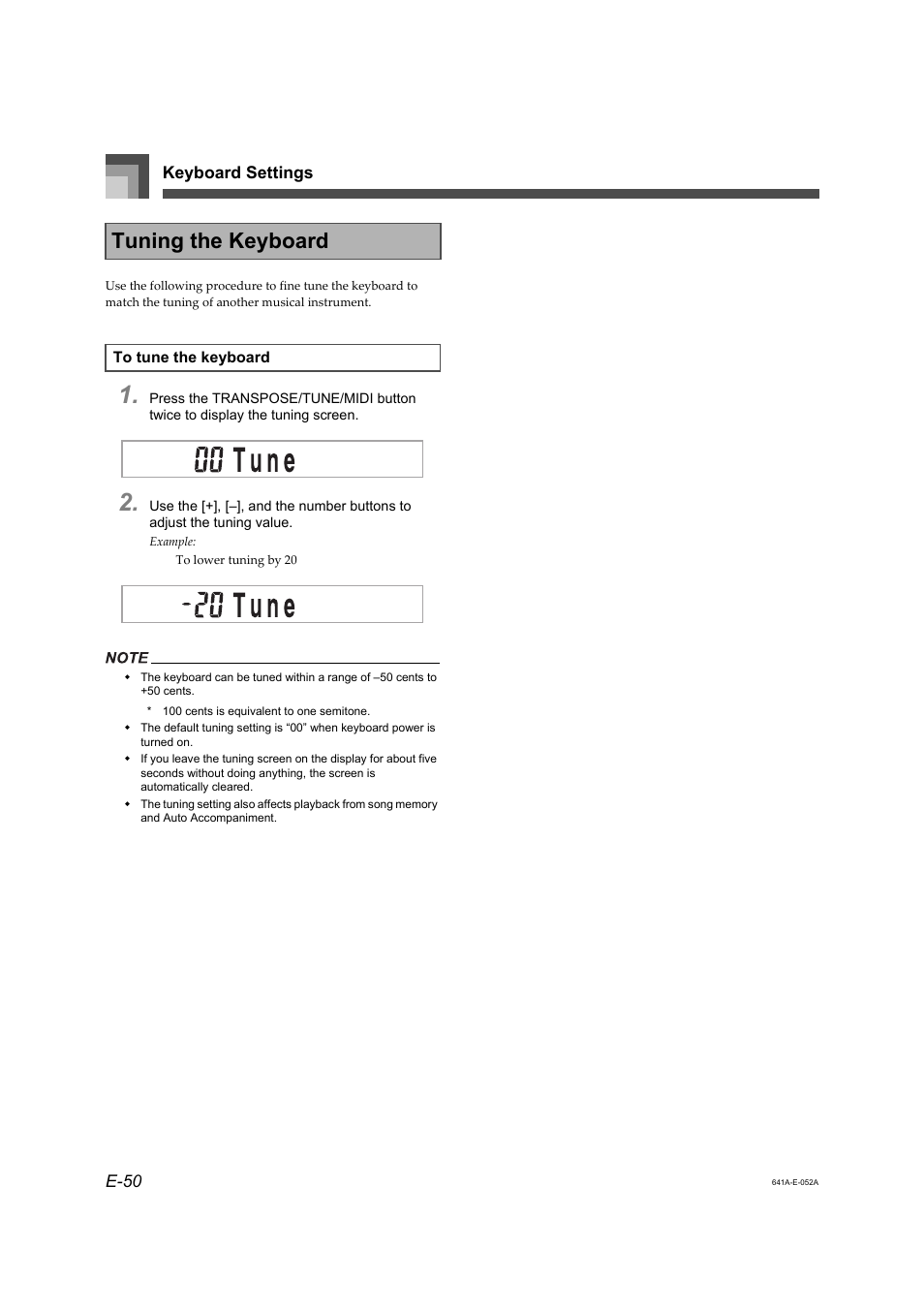 Tuning the keyboard, Keyboard settings e-50 | Casio LK-73 User Manual | Page 19 / 19