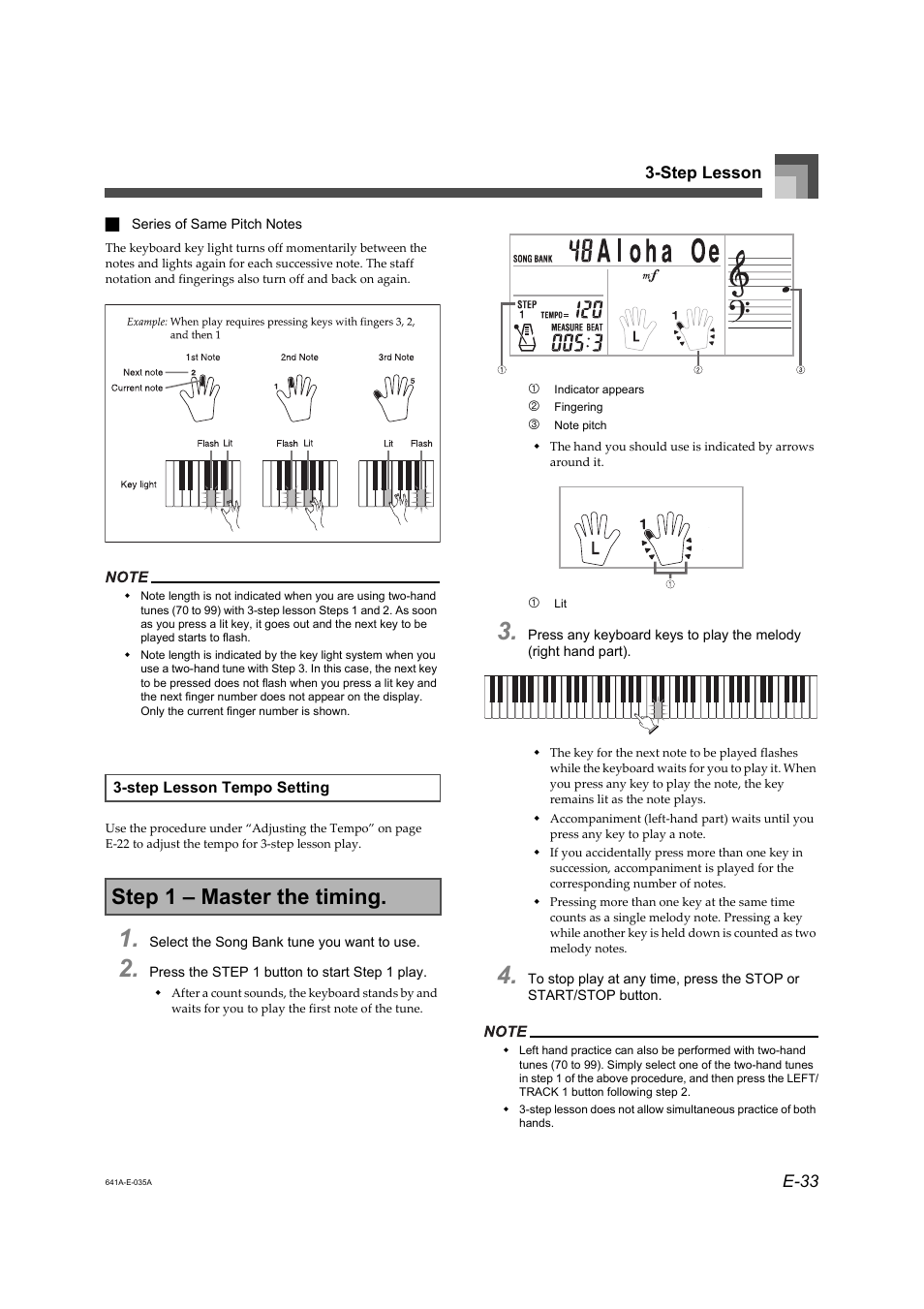 Step 1 – master the timing, E-33 3-step lesson | Casio LK-73 User Manual | Page 2 / 19