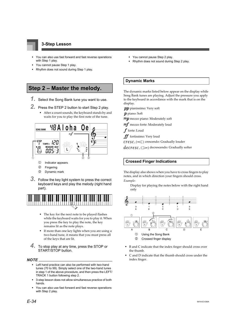 Step 2 – master the melody, Step lesson e-34 | Casio LK-73 User Manual | Page 3 / 19