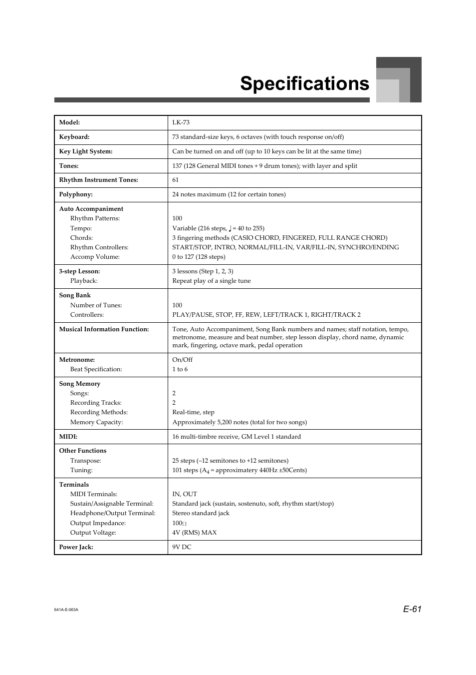 Specifications, E-61 | Casio LK-73 User Manual | Page 11 / 24