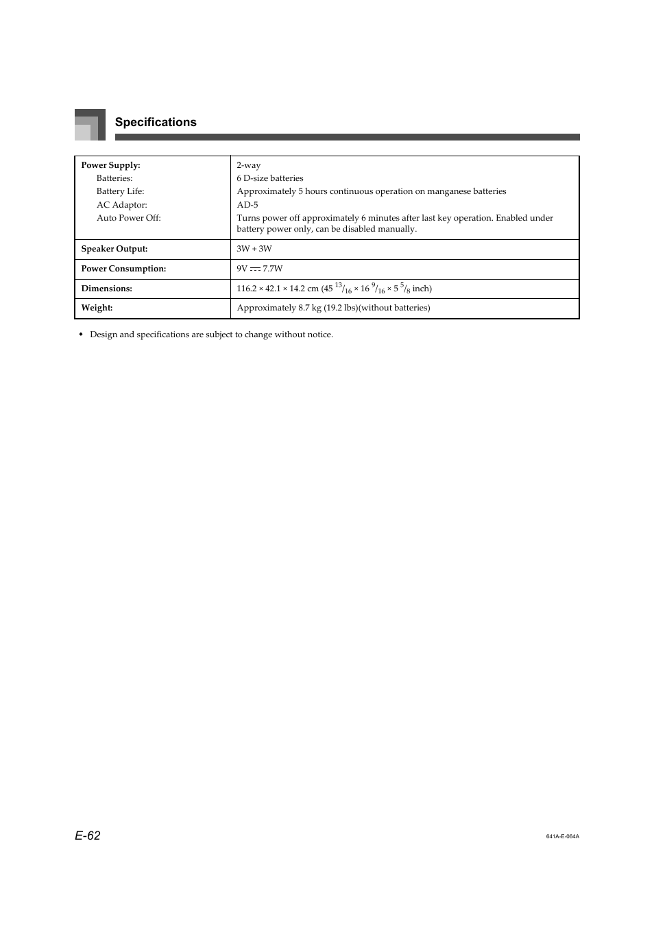 Specifications e-62 | Casio LK-73 User Manual | Page 12 / 24