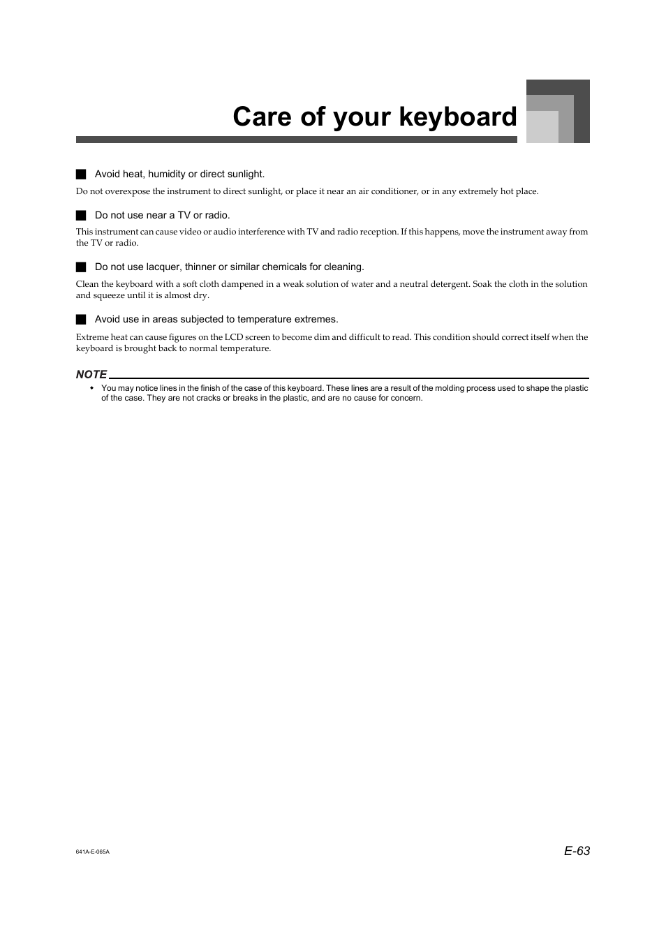 Care of your keyboard, E-63 | Casio LK-73 User Manual | Page 13 / 24