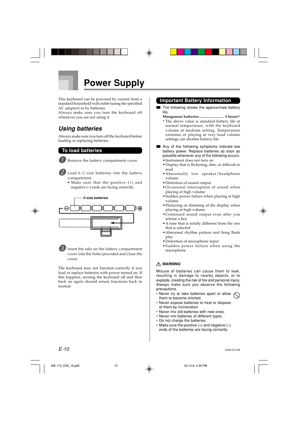 Power supply, Using batteries | Casio MA-170 User Manual | Page 12 / 43