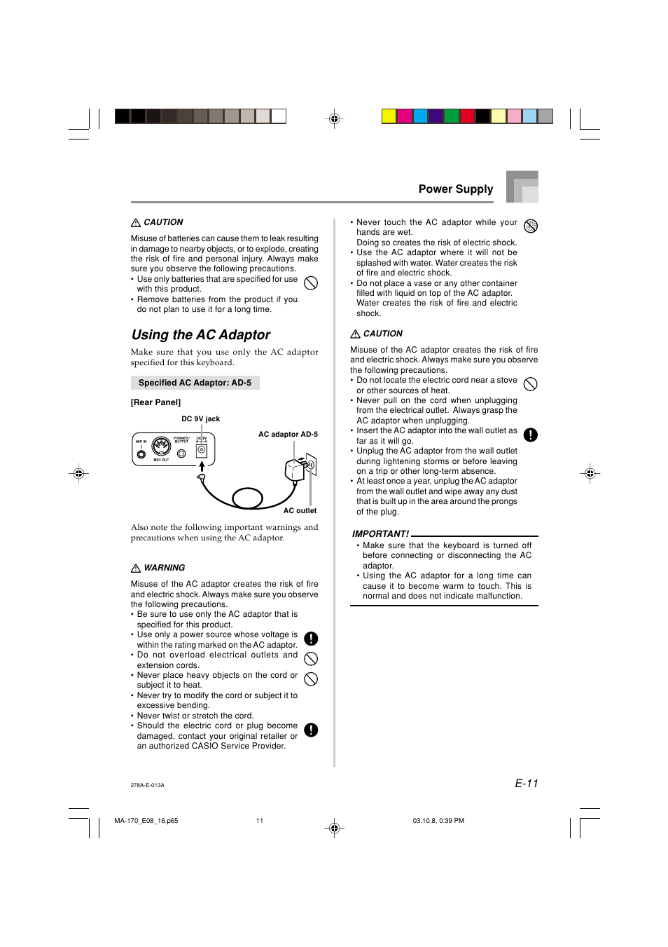 Using the ac adaptor, E-11, Power supply | Casio MA-170 User Manual | Page 13 / 43