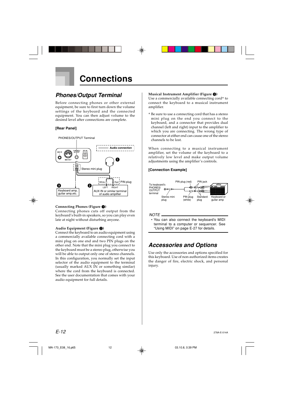 Connections, Phones/output terminal, Accessories and options | E-12 | Casio MA-170 User Manual | Page 14 / 43