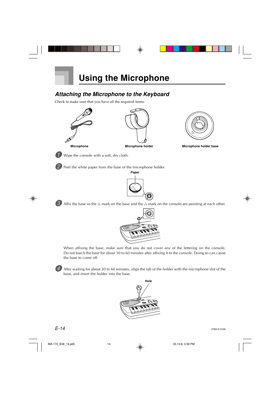 Using the microphone, Attaching the microphone to the keyboard | Casio MA-170 User Manual | Page 16 / 43