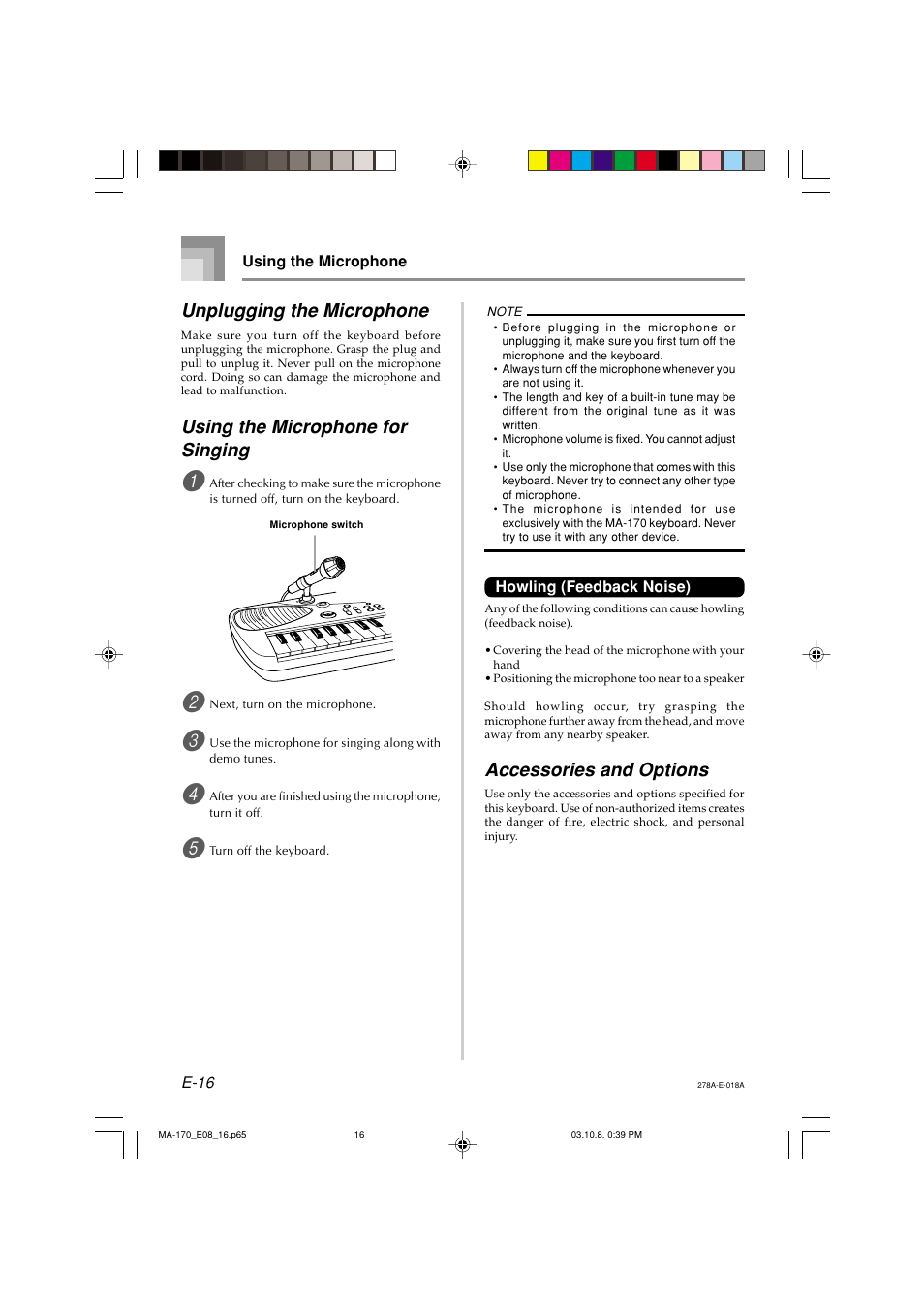 Unplugging the microphone, Using the microphone for singing, Accessories and options | Casio MA-170 User Manual | Page 18 / 43