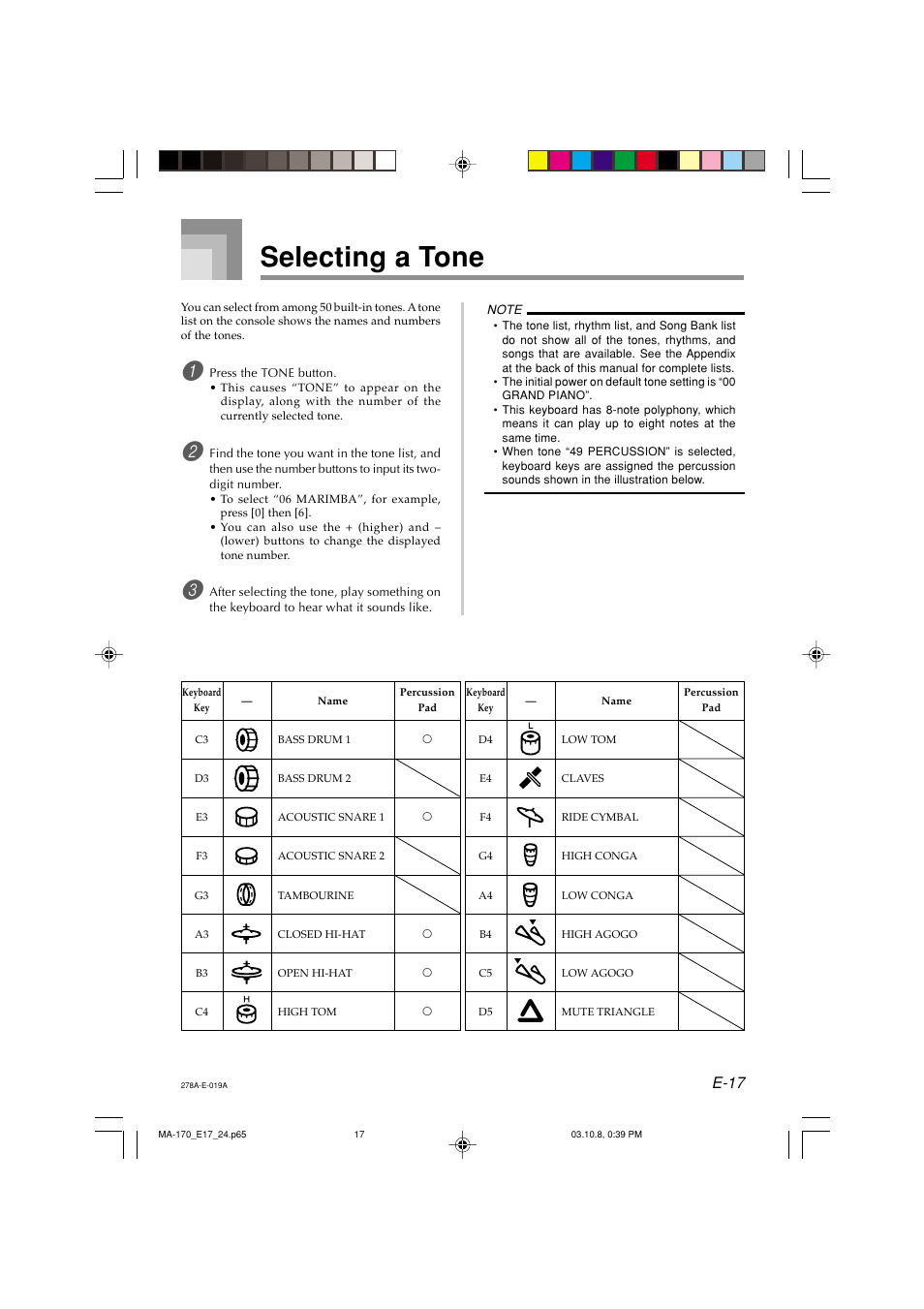 Selecting a tone, E-17 | Casio MA-170 User Manual | Page 19 / 43