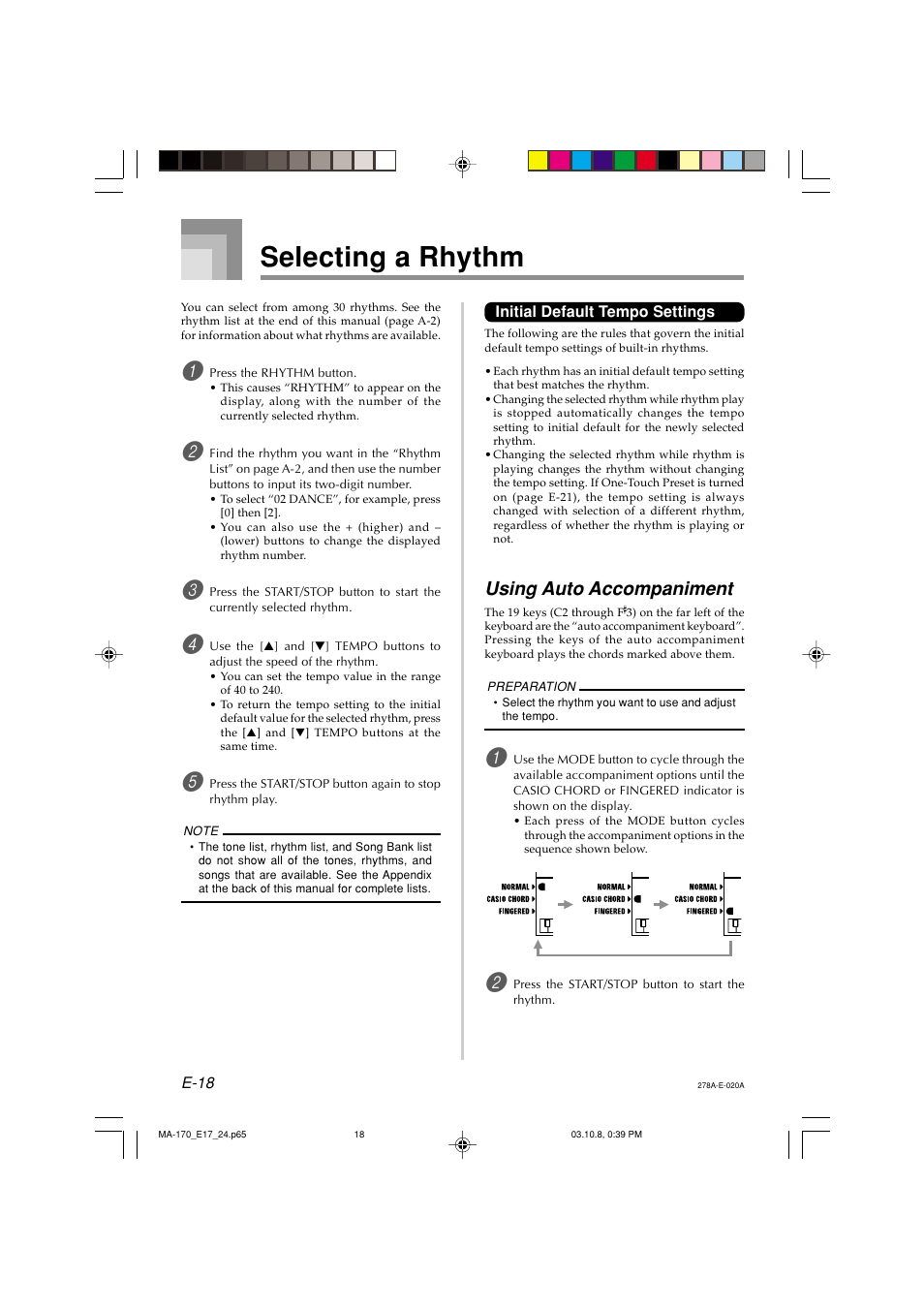 Selecting a rhythm, Using auto accompaniment | Casio MA-170 User Manual | Page 20 / 43