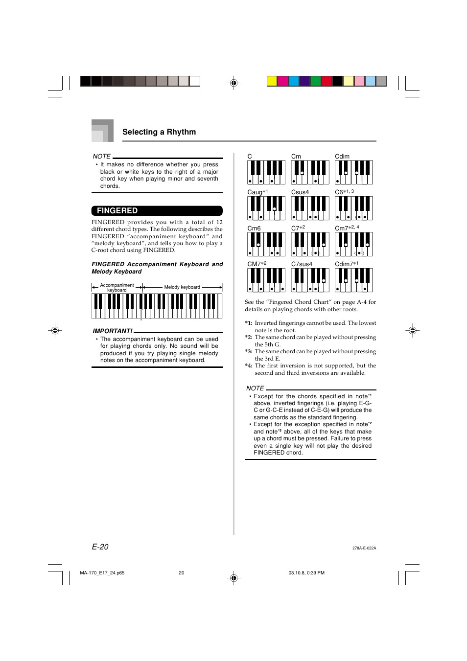 E-20 selecting a rhythm, Fingered | Casio MA-170 User Manual | Page 22 / 43