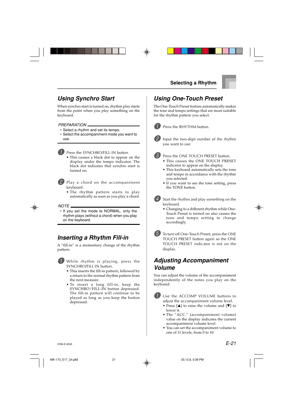Using one-touch preset, Adjusting accompaniment volume, Using synchro start | Inserting a rhythm fill-in | Casio MA-170 User Manual | Page 23 / 43