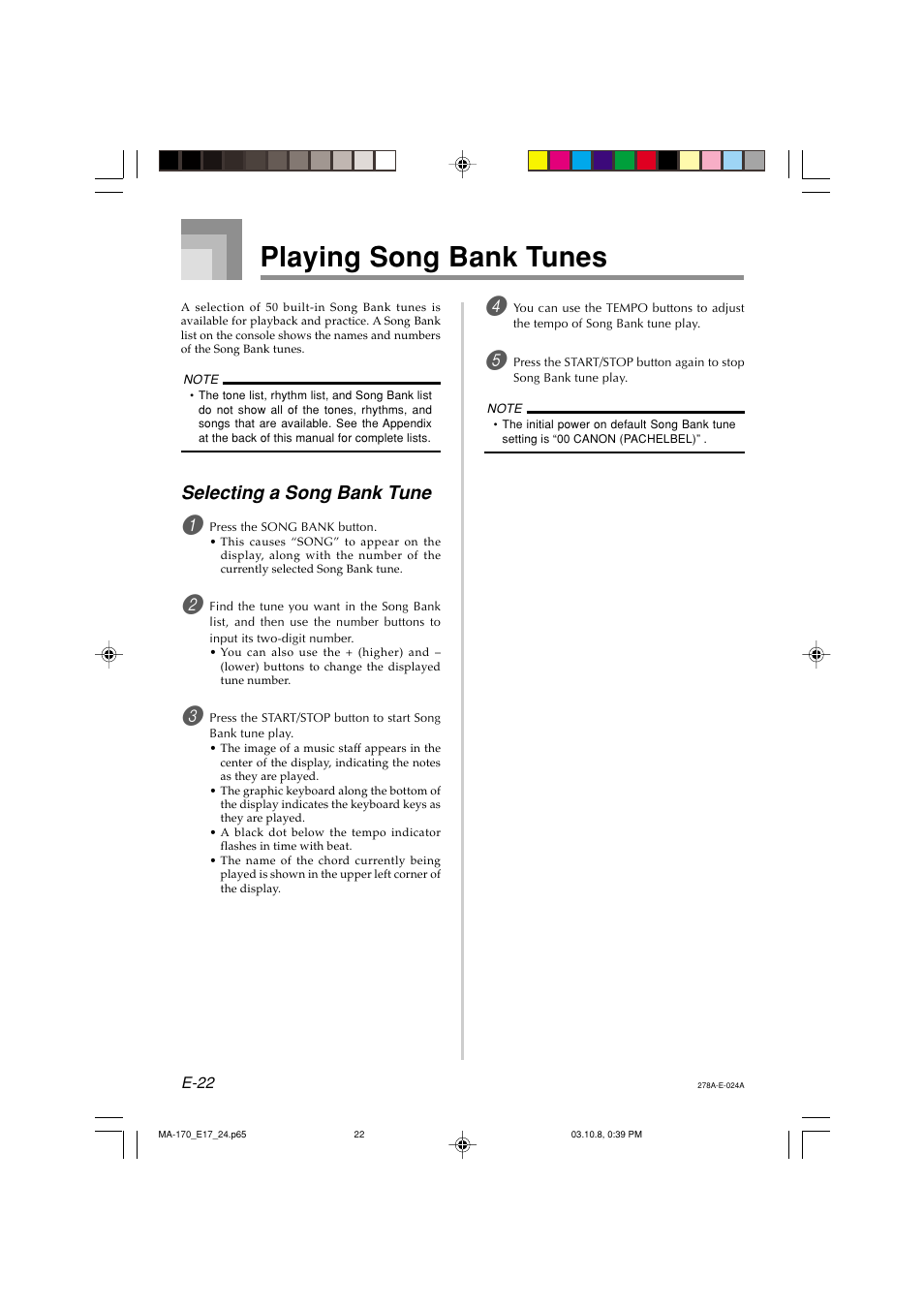 Playing song bank tunes, Selecting a song bank tune | Casio MA-170 User Manual | Page 24 / 43