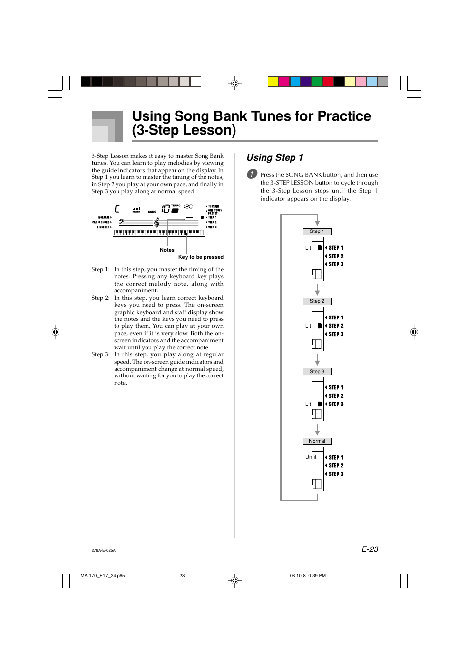 Using song bank tunes for practice (3-step lesson), Using step 1, E-23 | Casio MA-170 User Manual | Page 25 / 43